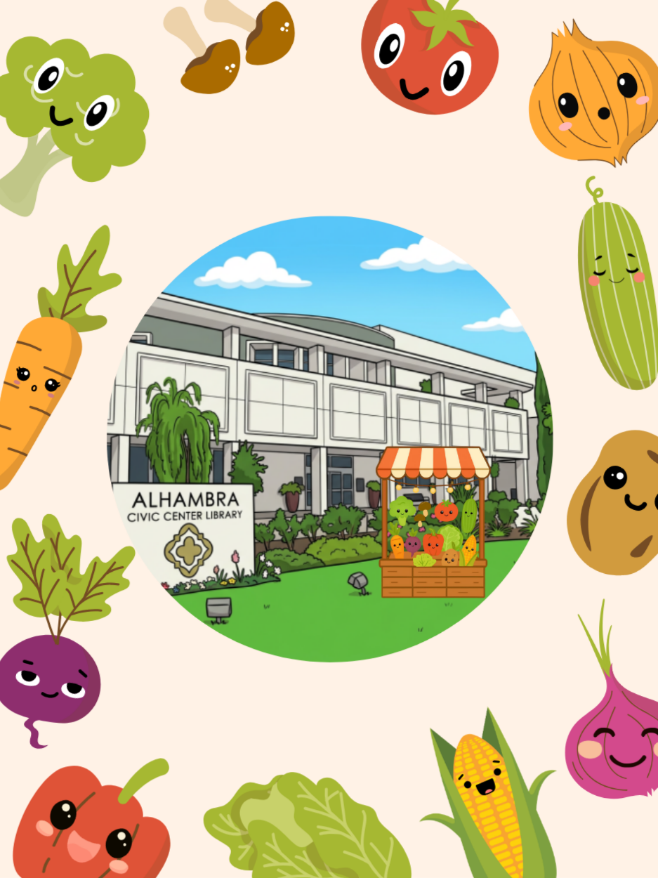 Alhambra Library front exterior surrounded by vegetables.