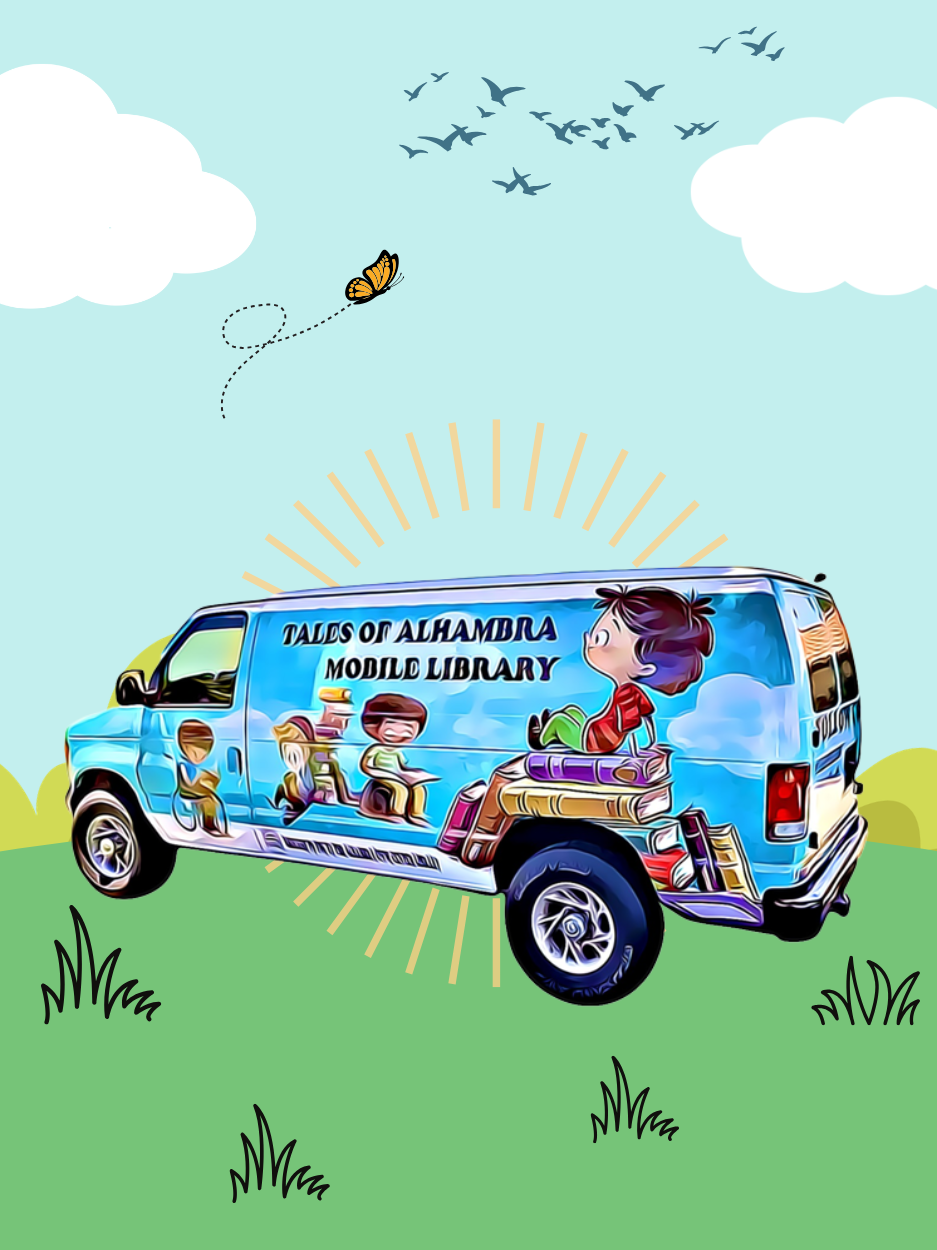 Mobile library van parked outside.