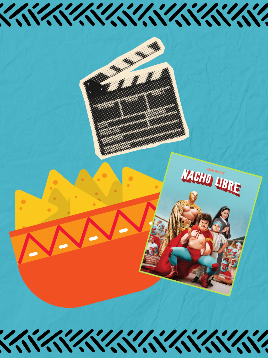 Nachos with movie clapper and poster.