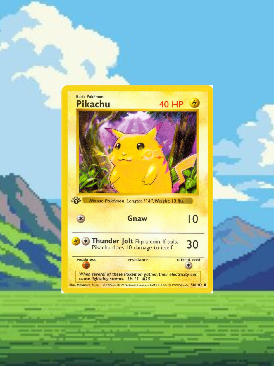 Pikachu trading card over a pixel-art landscape.