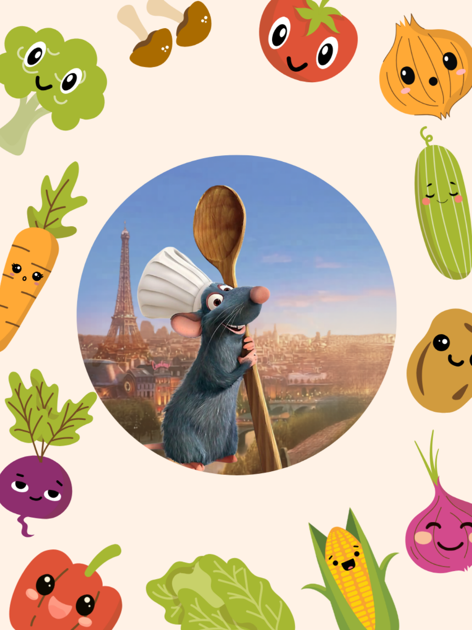 Ratatouille animated film still surrounded by cute vegetables.