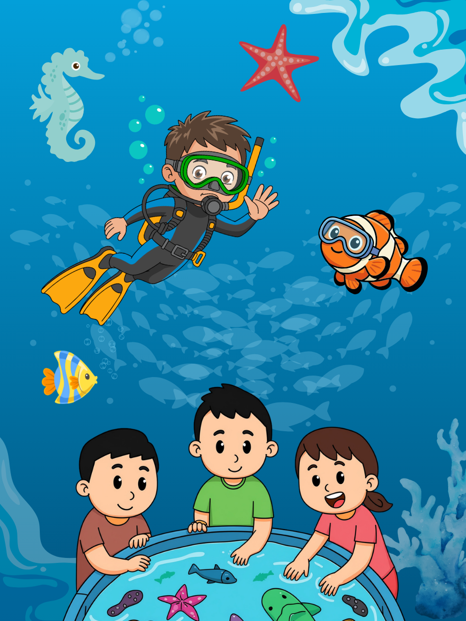 Underwater scene with scuba diver and tide pool.