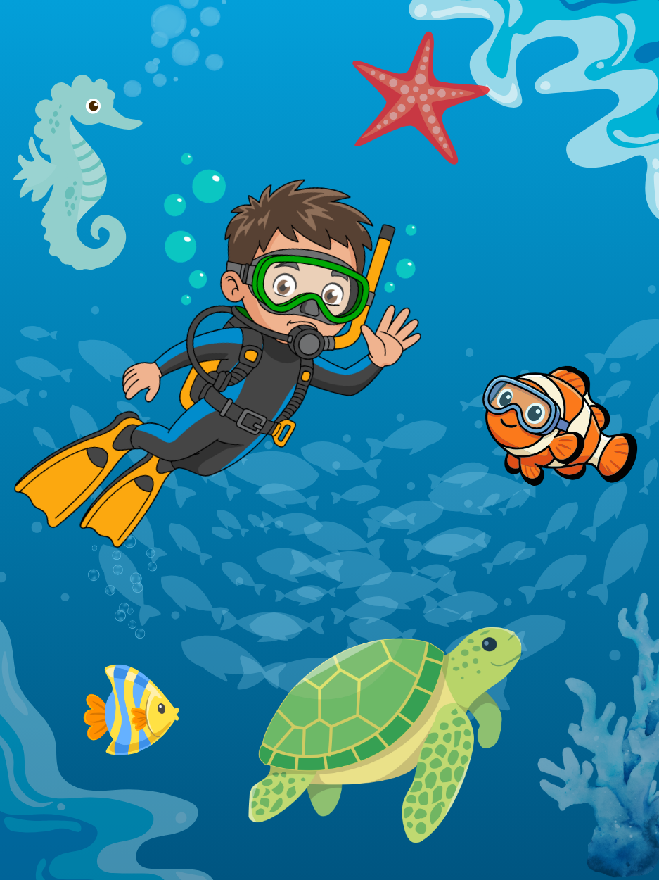 Underwater scene with scuba diver and sealife.