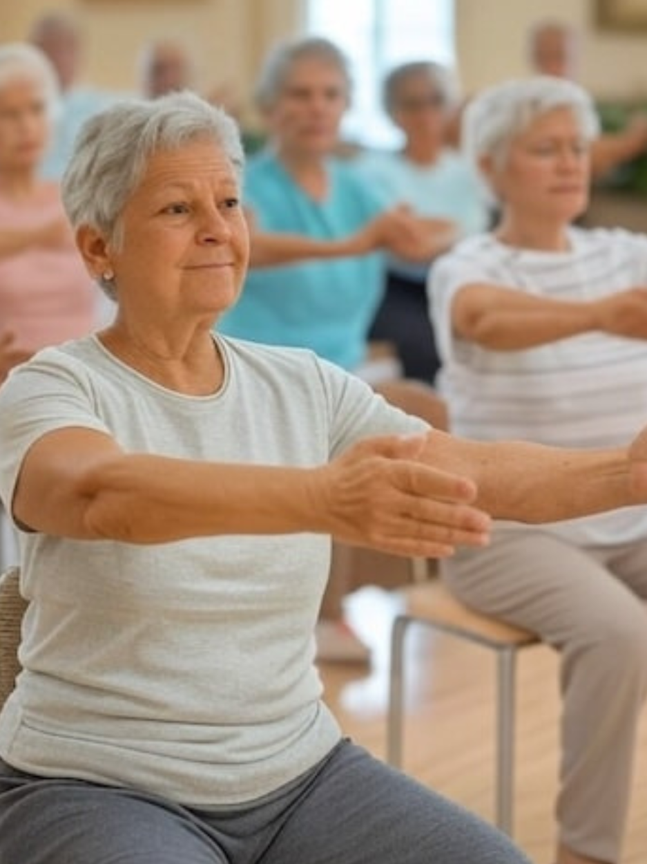 A group of older adults is participating in a gentle tai chi in chairs exercise class in a bright indoor studio or community room.