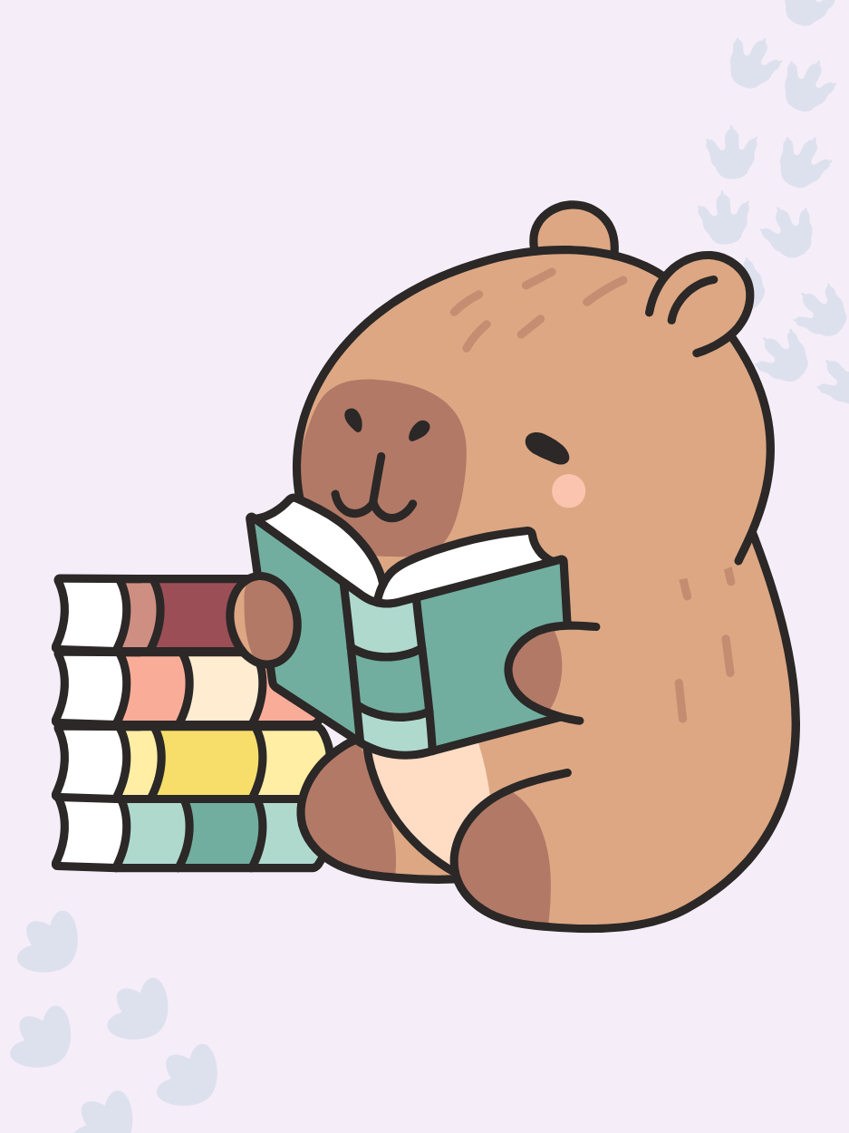 capybara reading a stack of books on a lavender background