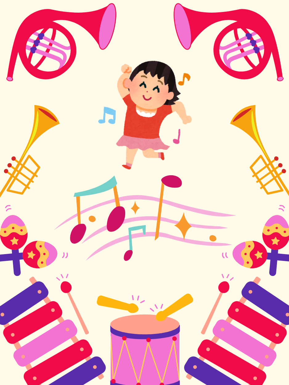 Colorful illustration of a children’s music theme. A smiling child dances in the center surrounded by floating musical notes. Around the edges are bright instruments including trumpets, maracas, xylophones, drumsticks, and a drum at the bottom. The background is light with pink, purple, yellow, and red accent.