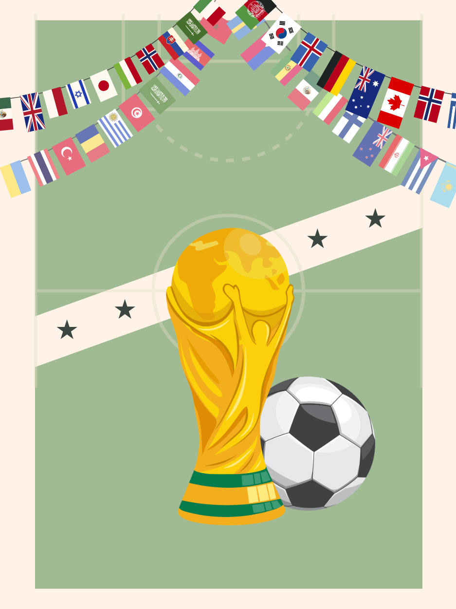 World Cup trophy and soccer ball with international flags.