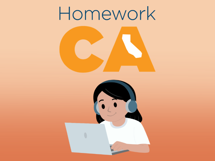 HomeworkCA logo and student with a laptop.