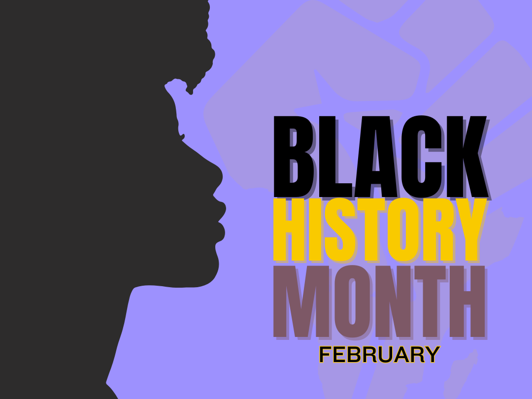 purple background image with an african american female in profile on the left and the words Black History Month February on the right.
