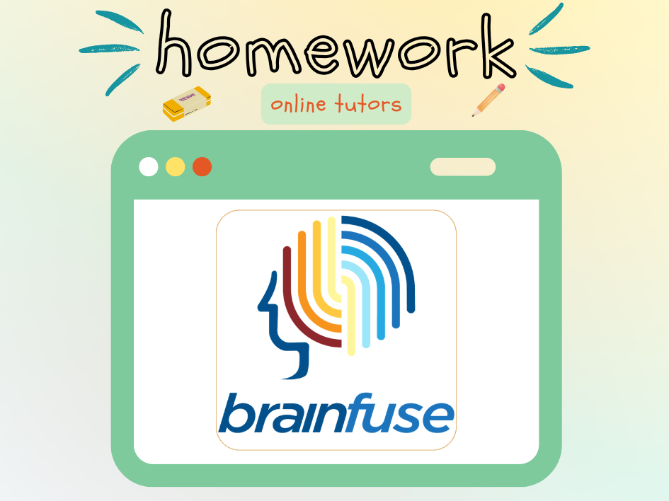 Yellow mint background image with a tablet graphic that has Homework Online tutors and Brainfuse service logo on it.