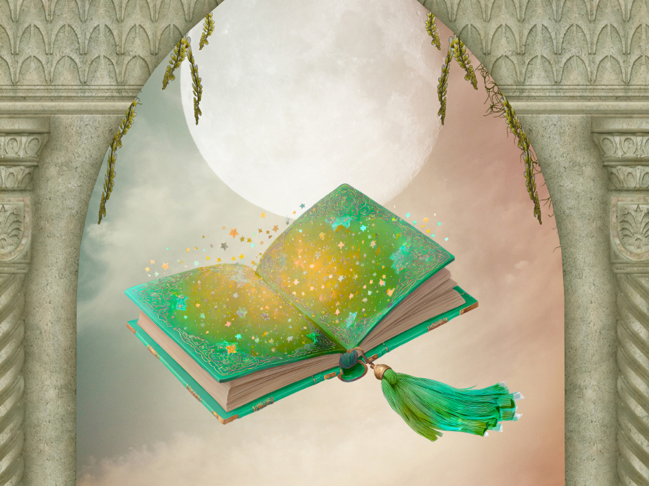 An open, glowing book with a green tassel floats between stone arches, under a large full moon and a pastel sky, above grassy ground with small flowers.