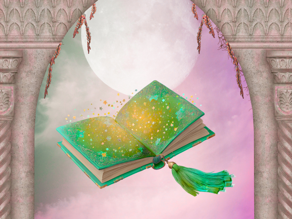 An open, glowing book with a green tassel