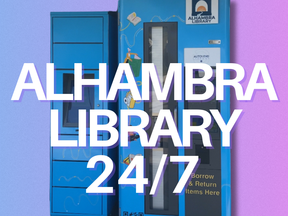 photo of the alhambra library vending library and locker machine on a lilac and pink backdrop with the words "Alhambra Library 24/7" on top of it.