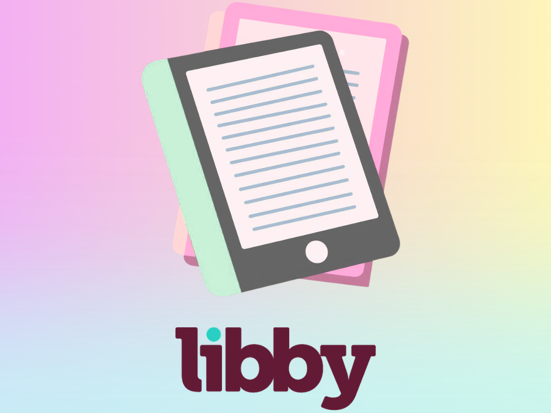 Two illustrations of e-readers and the Libby logo.