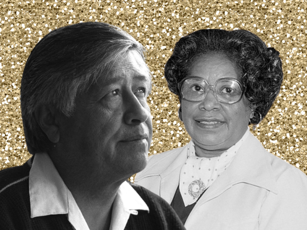 cesar chavez and mary jackson on a gold glitter background