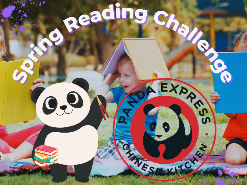 Children sit on a blanket outdoors reading books in a park while the text “Spring Reading Challenge” appears above them. A cartoon panda holding books and a large Panda Express Chinese Kitchen logo are overlaid on the image.