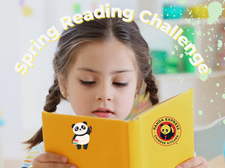 Child reads an open book in front of shelves while the text “Spring Reading Challenge” appears above them. A cartoon panda holding books and a large Panda Express Chinese Kitchen logo are overlaid on the image.