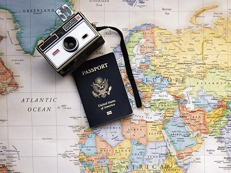 passport, map, vintage camera