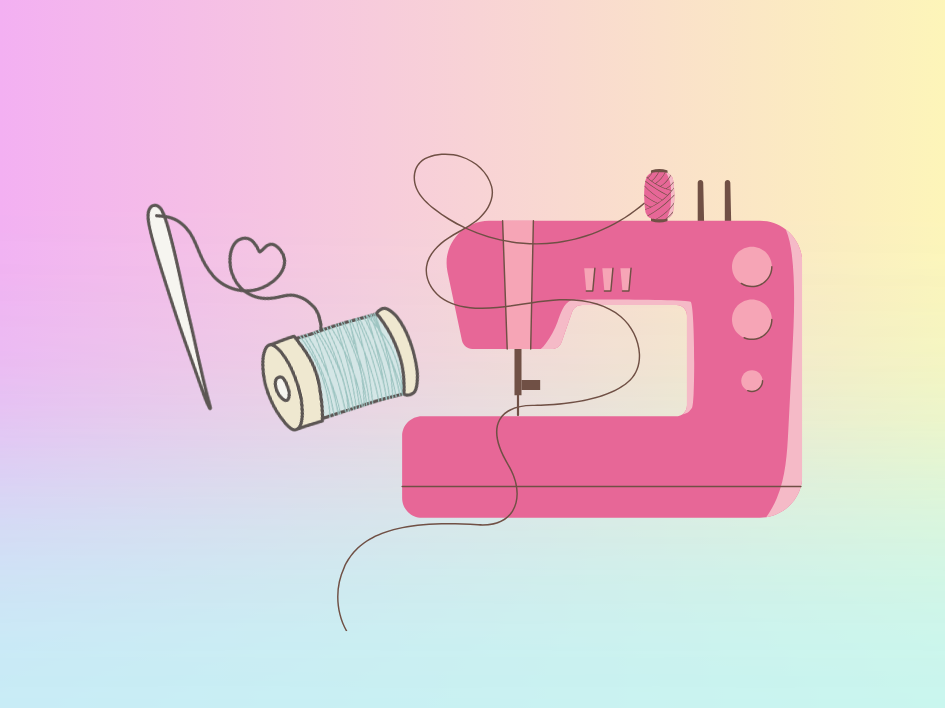 Pink sewing machine with needle and thread heart.