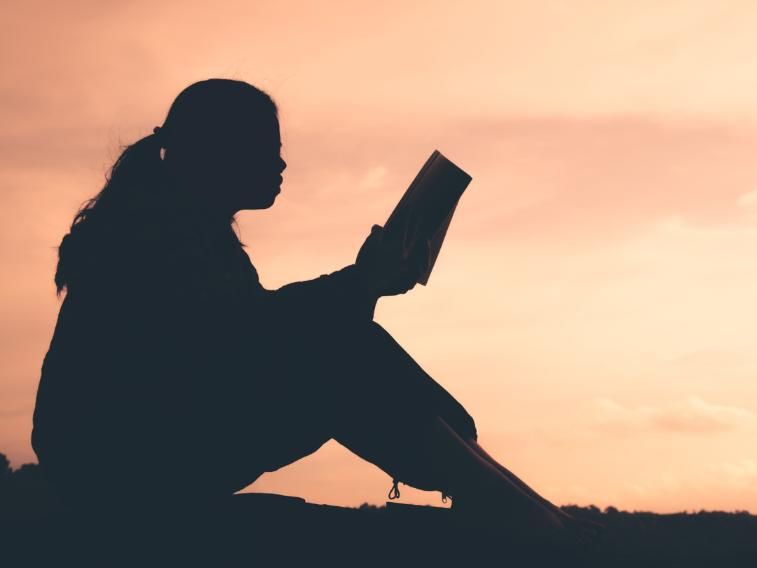 A shadow figure of a person sits on the ground outside reading a book with a soft pink sky in the background.