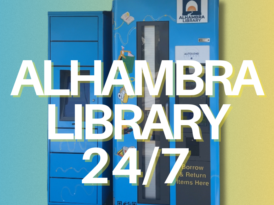 photo of the alhambra library vending library and locker machine on a teal and yellow backdrop with the words "Alhambra Library 24/7" on top of it.